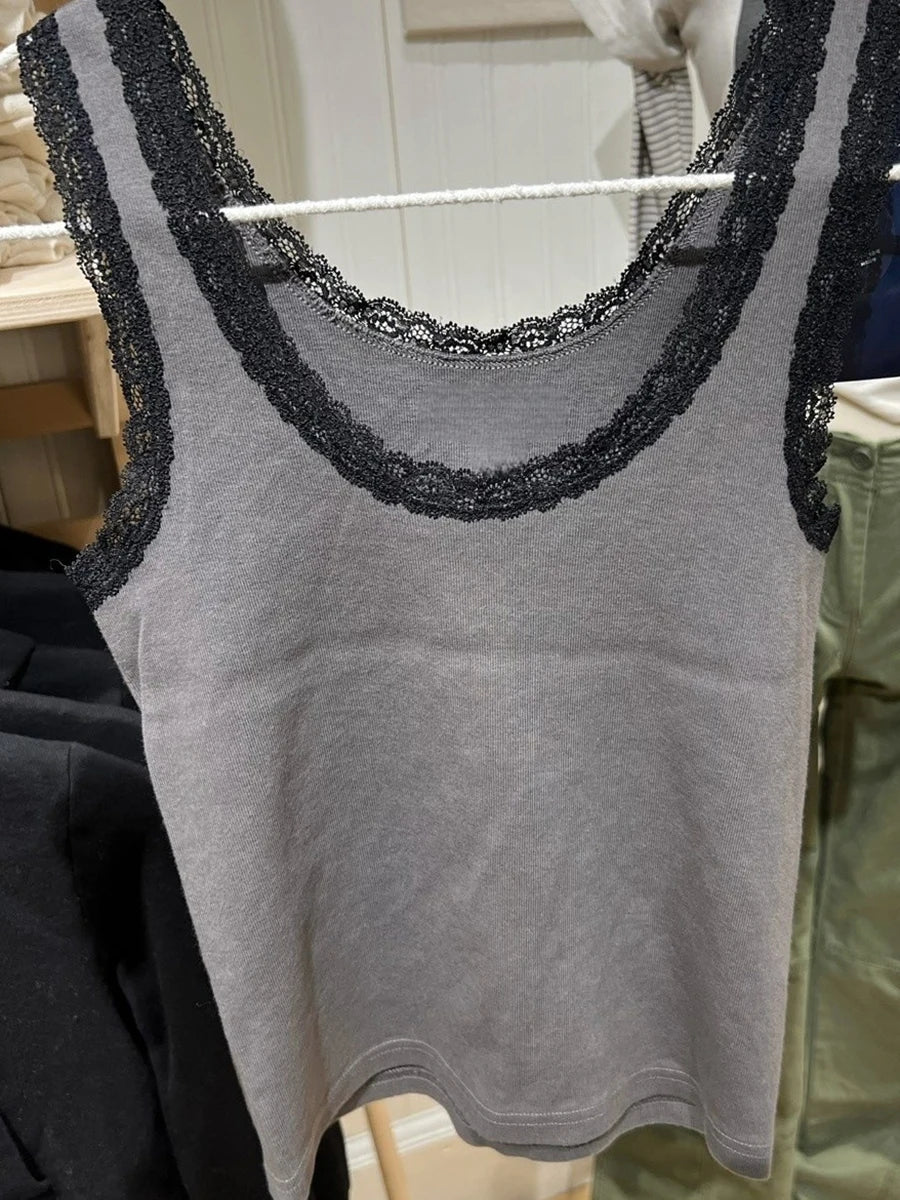 New Sweet Blue Lace Trim Tank Tops Women Summer Cotton Slim Sexy Simple Sleeveless Vests Harajuku Vintage Cute Camis Y2K Clothes