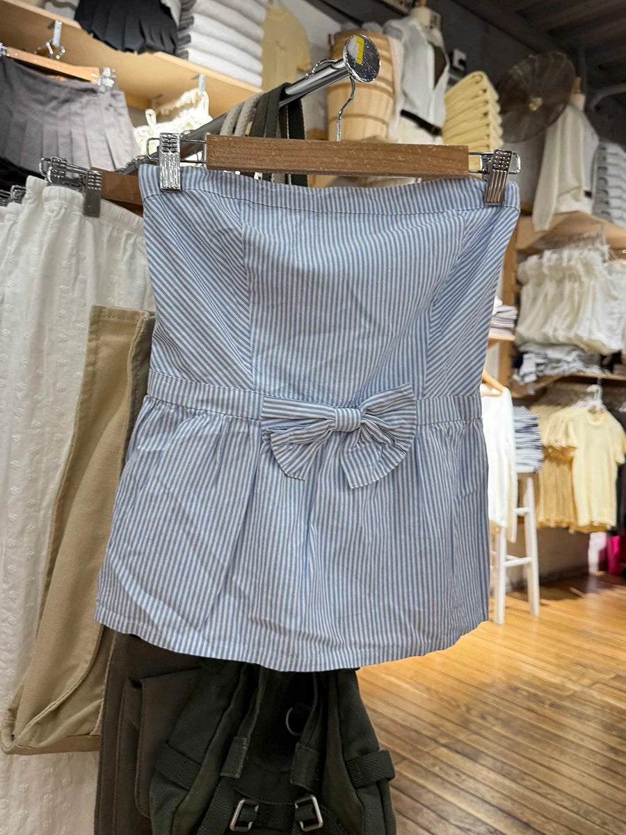 Sexy Blue Striped Bow Tube Top Women New Cute Strapless Cotton Sleeveless Vest Summer Preppy Style Sweet Casual Crop Tank Tops