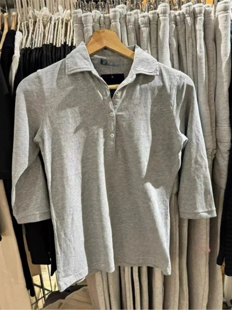 Gray Cotton Half Sleeve Button Tees Women Summer New Casual Turn-down Collar Tops Female Vintage Sweet Preppy Style T-shirts Y2K