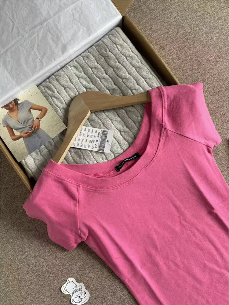 Rose Pink Slash Neck T-shirt Women Casual Preppy Style Slim Short Raglan Sleeve Cotton Tee Shirts Sweet Preppy Style Tshirts Y2K