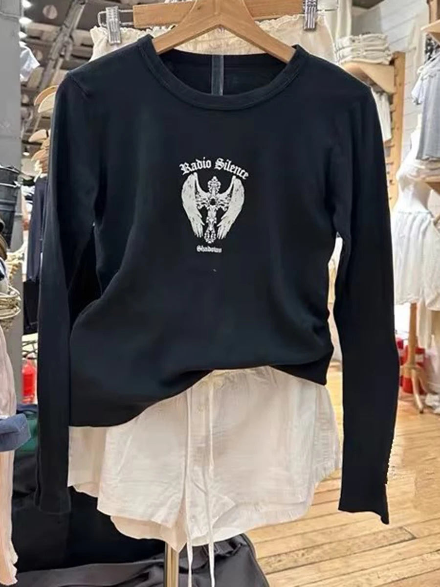 Wings Graphic Print Long Sleeve Tees Women Harajuku Casual Slim O-neck Cotton Soft Tops Clothes Vintage Chic Black Y2K T-shirts