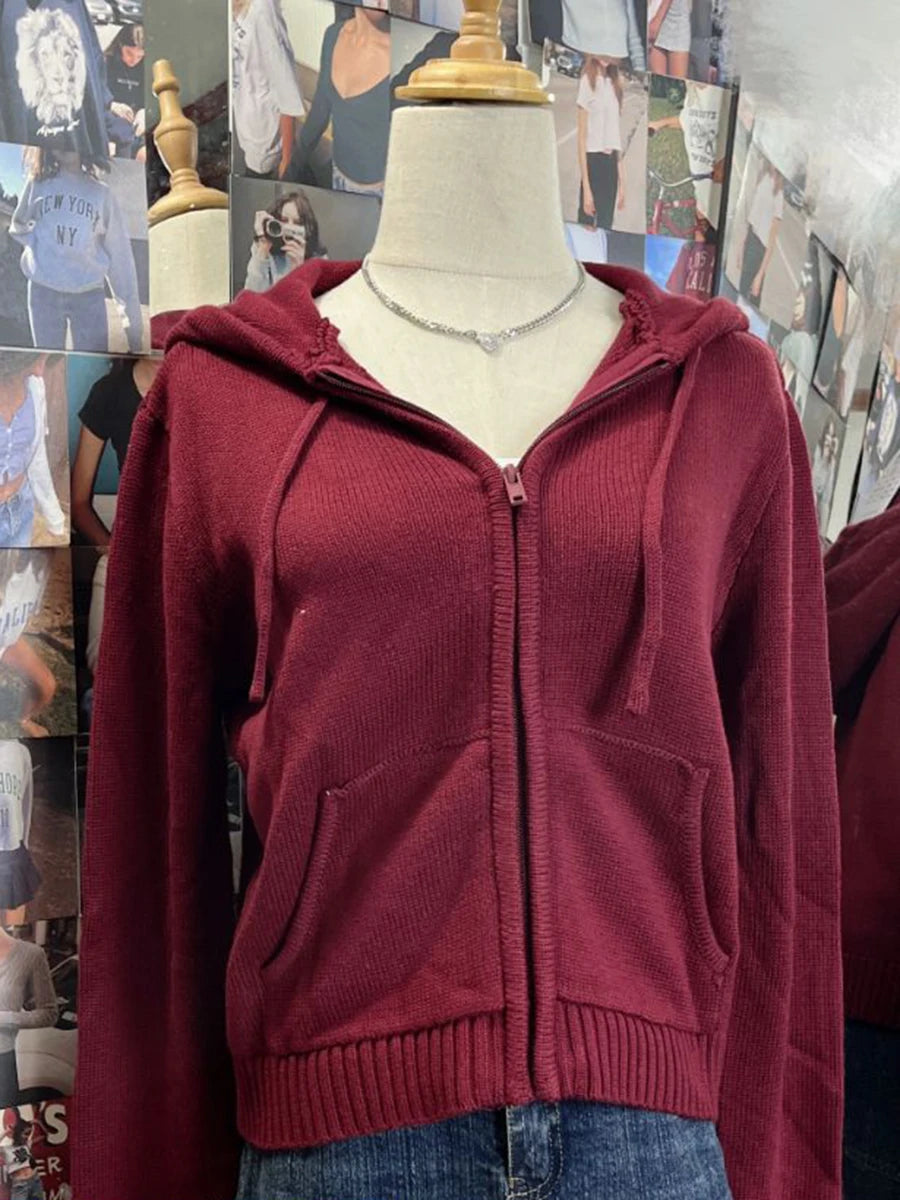 Sweet Twisted Flower Knitted Cardigan Sweater Women Long Sleeve Drawstring Hooded Zipper Streetwear Cute Sweaters Coat Y2K Tops