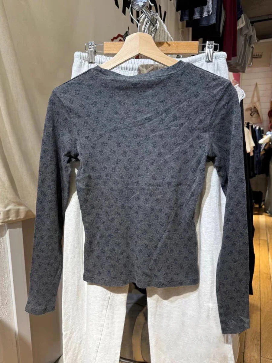 Vintage Little Bears Long Sleeve T-shirt Women Autumn O-Neck Cotton Slim Dark Gray Tee Shirt Female Streetwear Sweet Y2K TShirts