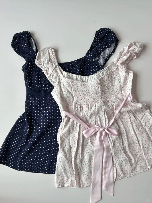 Pink Floral Lace-up T-shirts Women Summer New Casual Slim Square Collar Puffle Tee Tops Female Preppy Style Y2K Sweet Tshirt Top