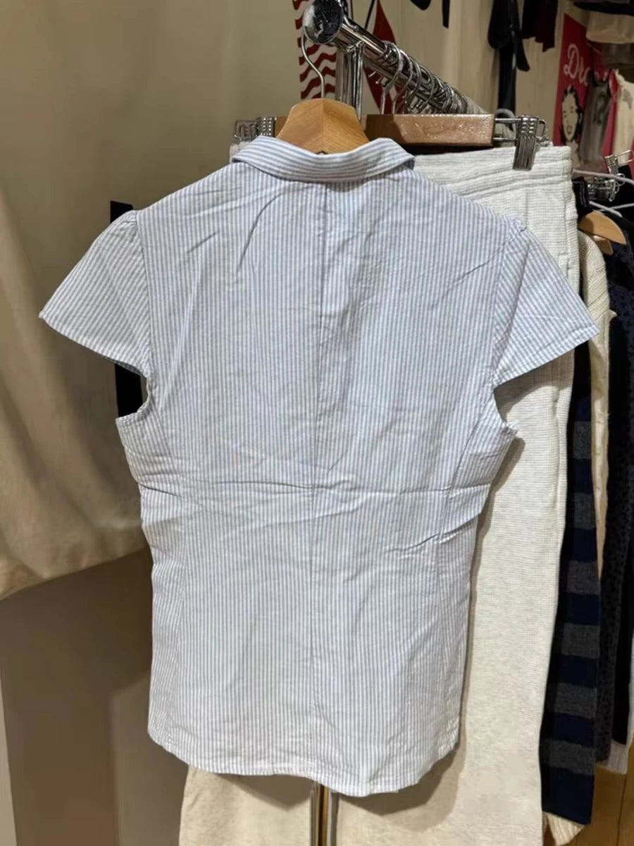 Blue Striped Button Blouse Women Summer New Streetwear Casual Lapel Short Sleeve Tees Sweet Cute Preppy Style T-shirts Y2K Tops