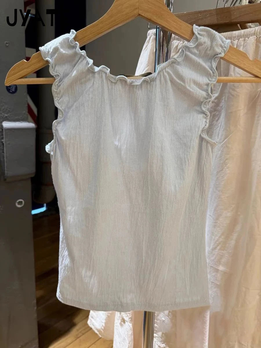Sweet Blue Ruffles V-neck Cropped Vests Women Summer Casual Slim Folds Bow Sleeveless Tank Tops Sweet Preppy Style Camisole Y2K