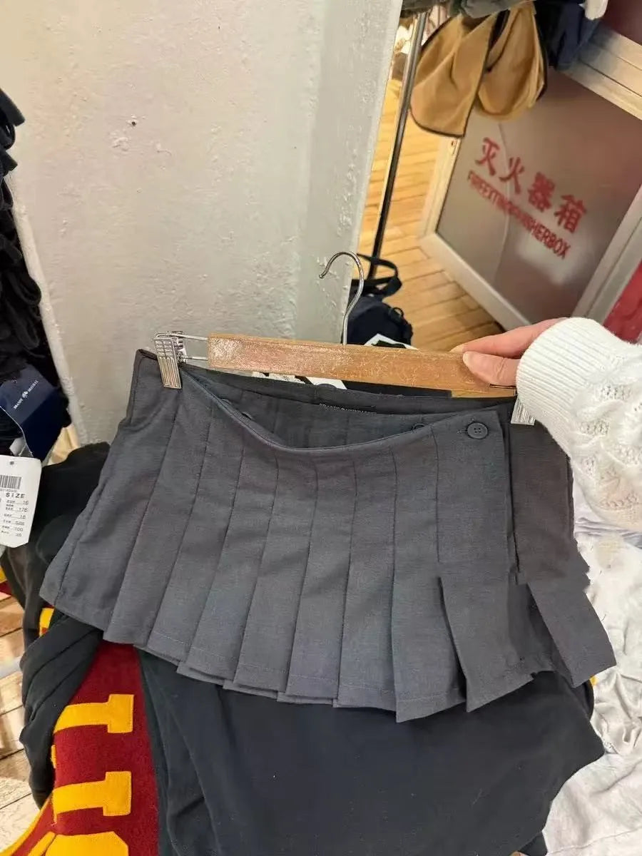 Low Waist Pleated Skirts Women Summer Chic Y2K Aesthetic Chic Button Mini Skirt Vintage Sweet Cute Preppy Style Faldas