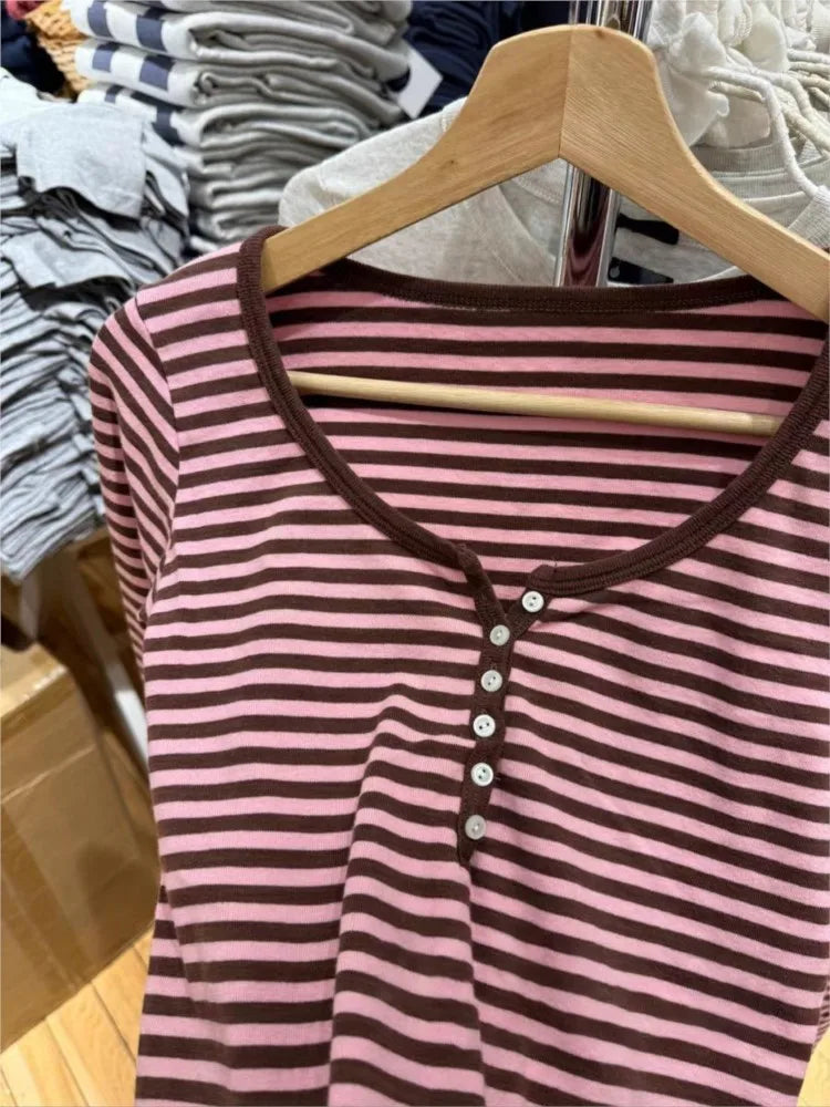 Cute Pink Brown Striped T-shirt Women Buttons O-Neck Cotton Slim Patchwork Long Sleeve Tee Sweet Preppy Style Tshirt Y2K Top New