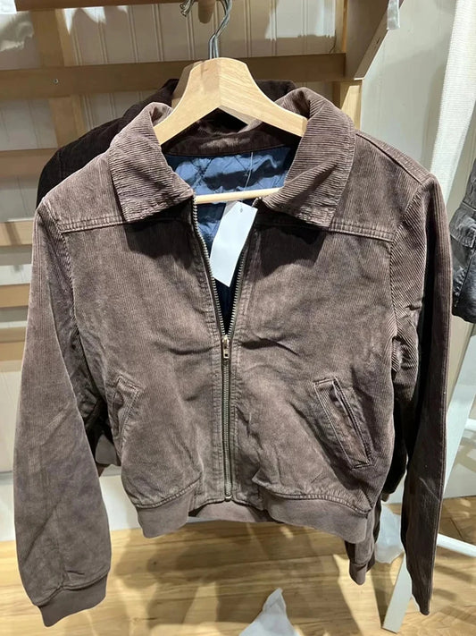 Vintage Coffee Corduroy Cropped Zipper Thick Coats Women Turn Down Collar Preppy Style Jacket Harajuku Streetwear Chic Outerwear