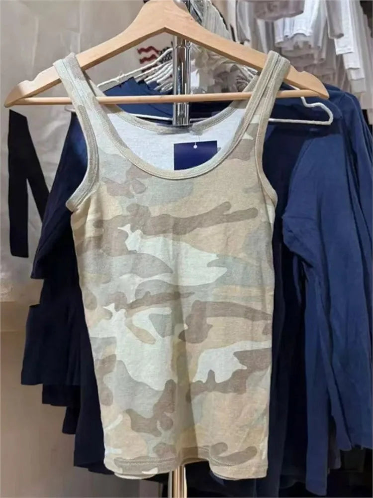 Vintage Camouflage Slim Tank Top Women Summer New U Collar Sleeveless Cotton Camisole Streetwear Preppy Style Punk Vest Y2K Tops