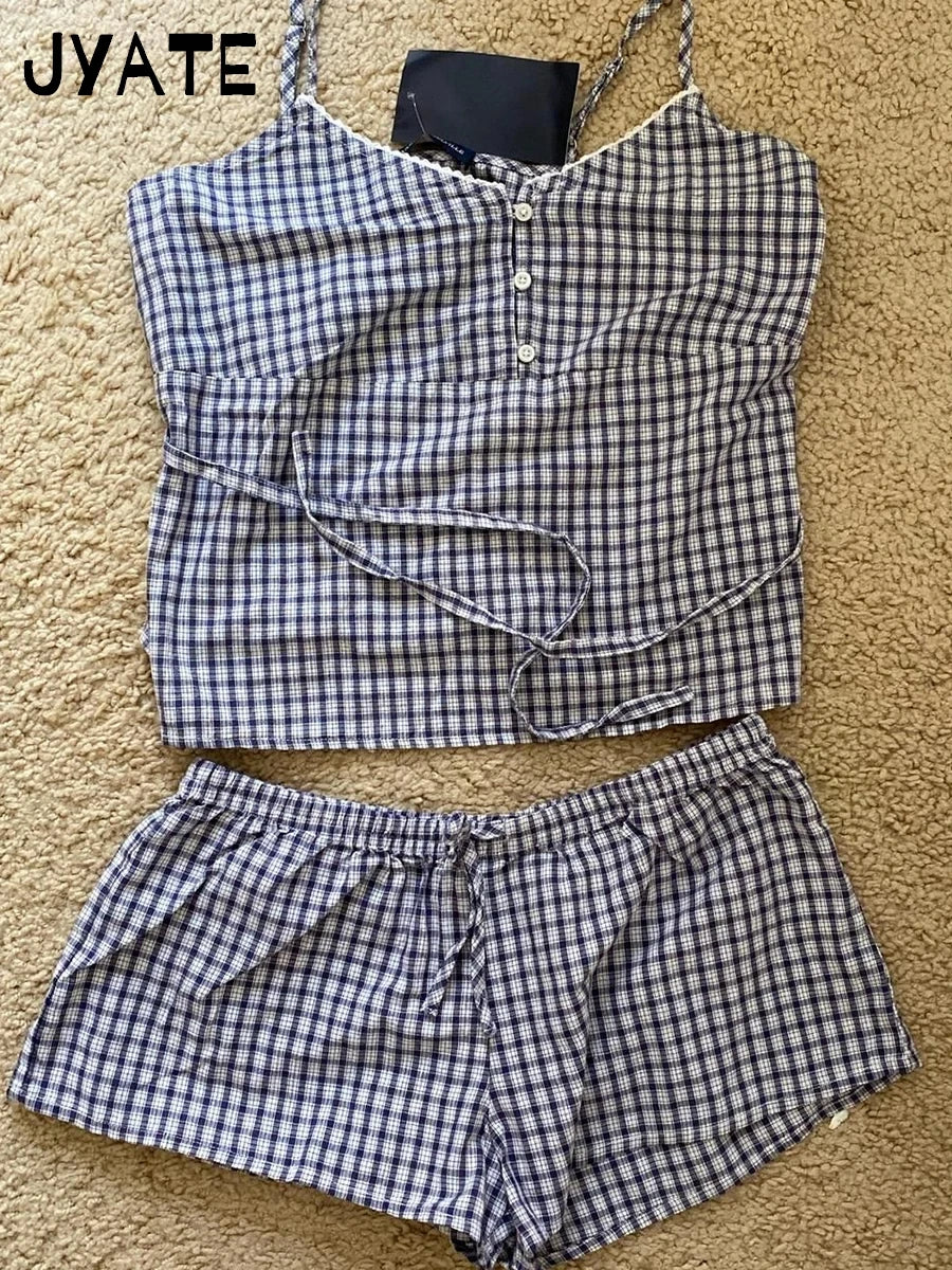Lace Trim V-neck Plaid Bow Tank Tops Women Summer New Casual Streetwear Simple Back Lace-up Vest Vintage Sweet Chic Camisole Y2K
