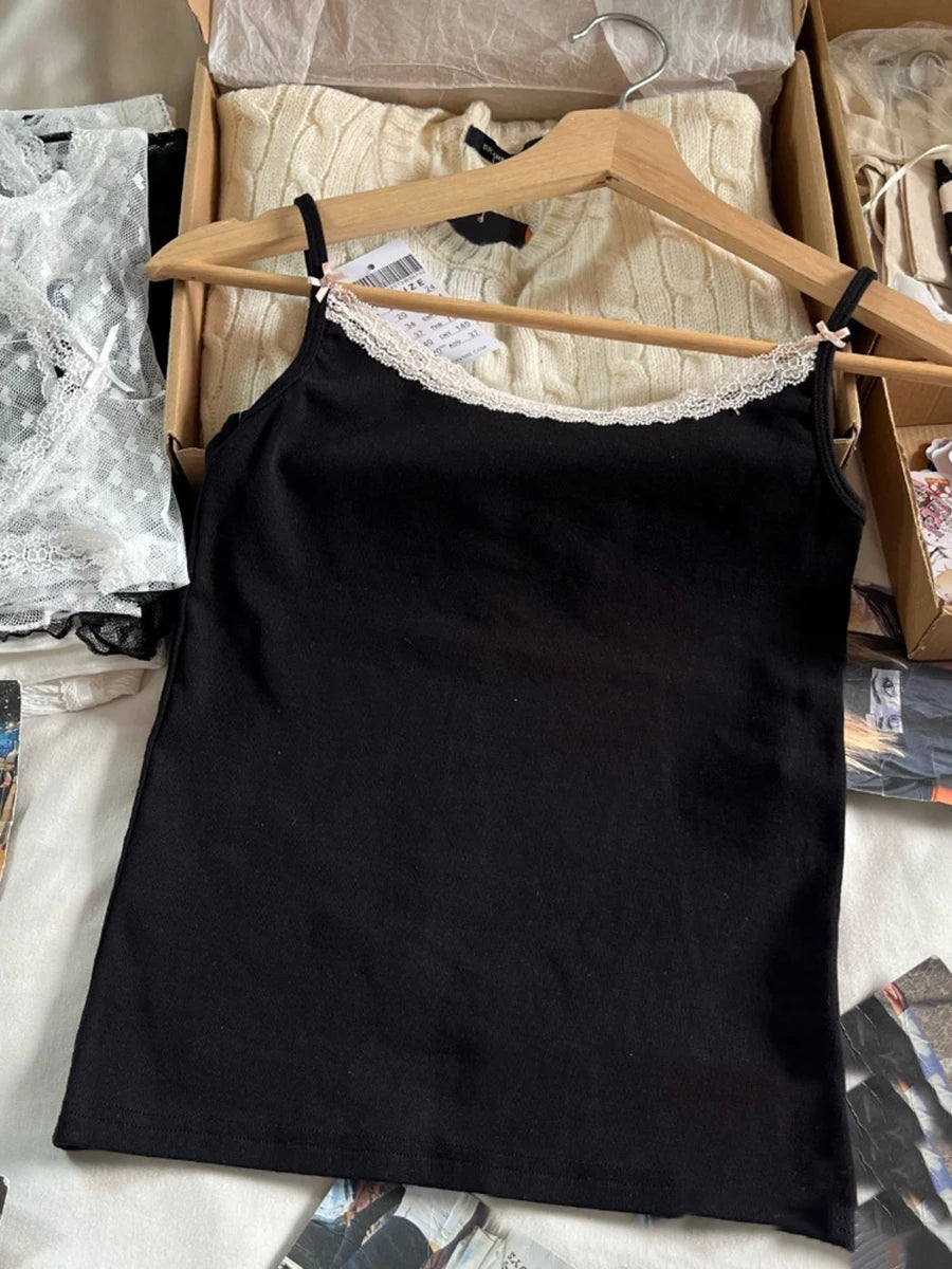 Sexy Lace Trim Slim Black Tank Tops Women Summer New Sweet Cotton Simple Sleeveless Vest Female Preppy Style Basic Crop Top Y2K