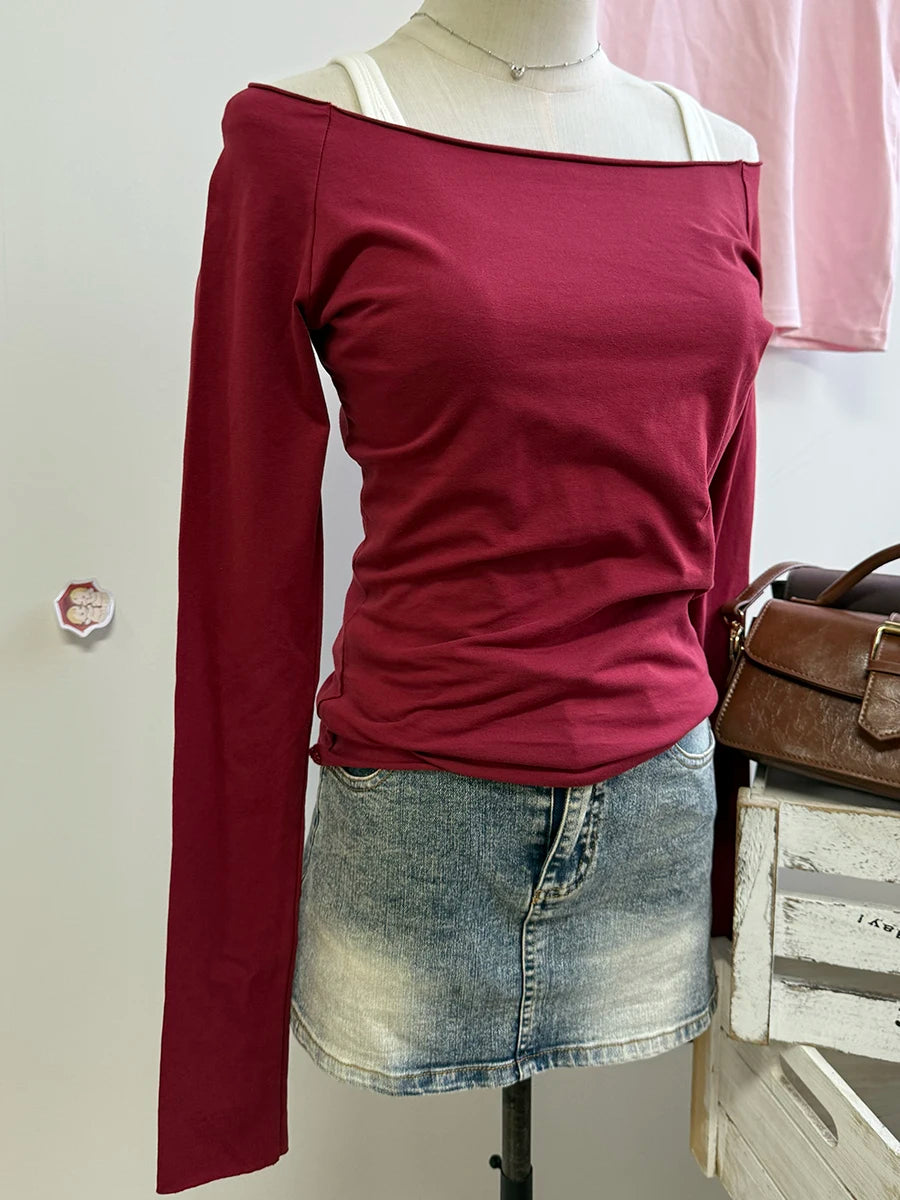 Red Slim Long Sleeve Tee Women Spring Simple Basic Slash Neck Casual Raw Hem Cotton Tops Female Vintage Chic Red Y2K T-shirts