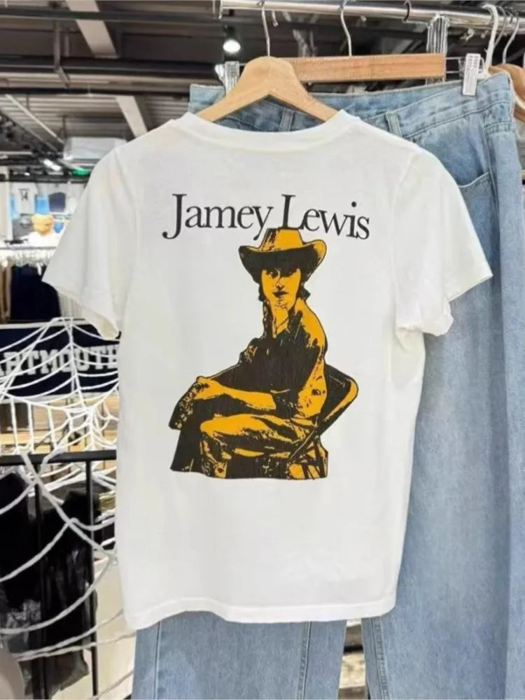 Retro American Cowboy Print T-shirts Women Summer New Streetwear Casual Cotton Short Sleeve Tees Vintage Chic Preppy Style Tops