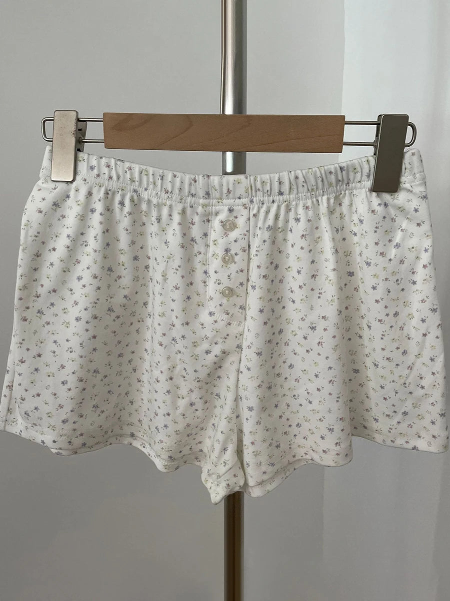 Sweet Eyelet Floral Print Short Pants Women Three Buttons High Waist Straight Home Cozy Underwear Casual Cute Cotton Shorts Y2K