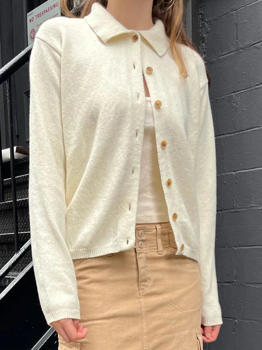Sweet Simple Beige Buttons Knitted Cardigan Women Cotton Warm Turn Down Collar Sweaters Coat Vintage Cute Preppy Sweater Tops