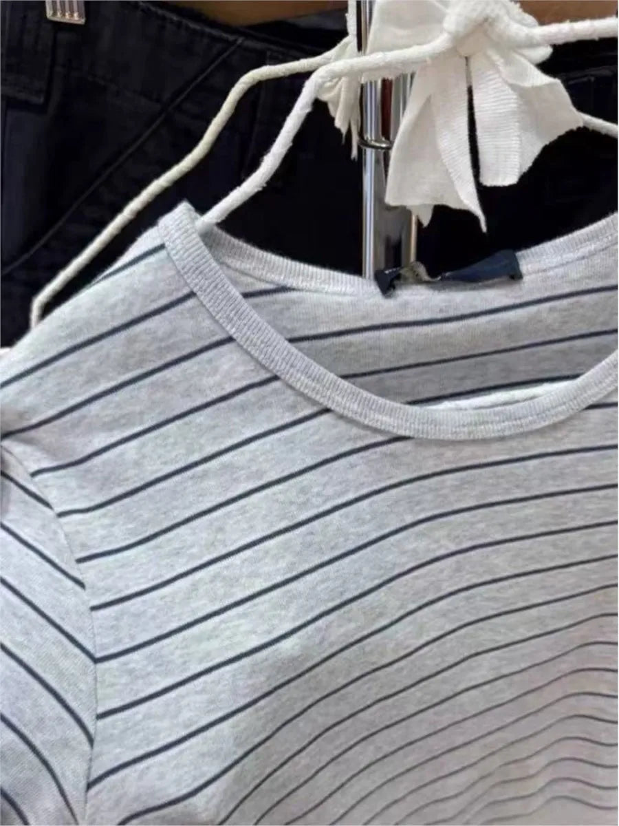 Vintage Striped Slim T-shirt Women Spring New Round Neck Cotton Short Sleeve Tee Shirts Female Cute Preppy Style Y2K T shirts