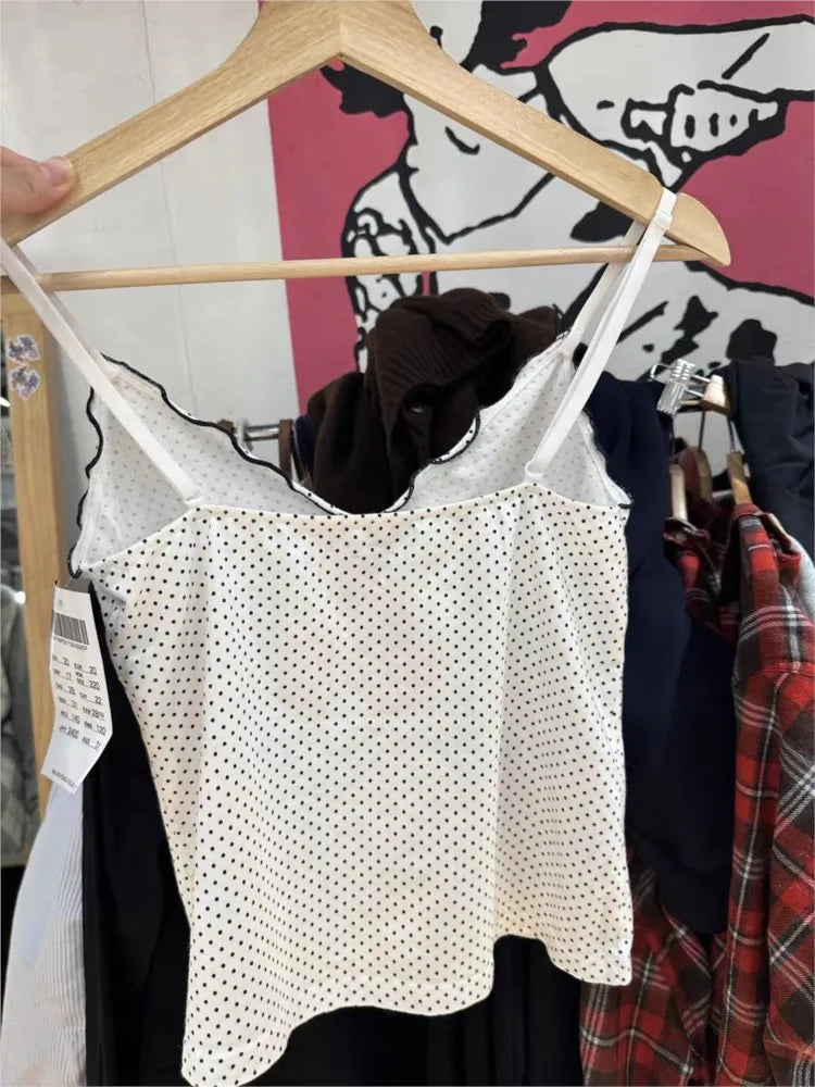 New Black Dot Fungus Trim Bow Crop Top Women Summer Cotton Slim V-neck Sleeveless Camisole Sweet Cute Preppy Style Tank Tops Y2K