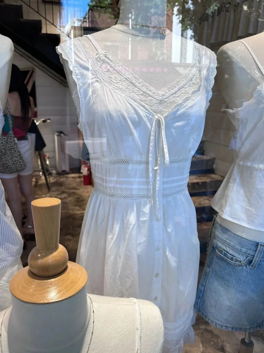 Chic Lace Trim White Mini Dress Women Summer Round Neck Lace-up Sleeveless A-line Short Vestidos Sweet Preppy Style Dresses Y2K
