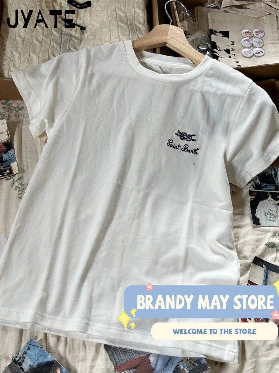 Fashion Letter Embroidery T-shirts Women New Casual Cotton Soft Loose Simple Short Sleeve Tee Vintage Chic Preppy Tshirt Y2K Top