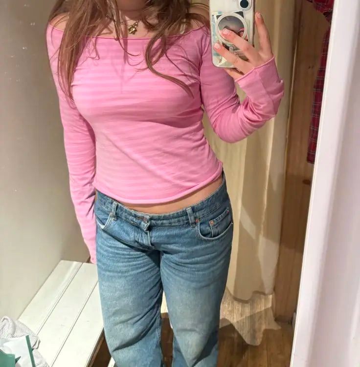 Pink Striped Slash Neck T-shirt Women Summer Casual Streetwear Slim Cotton Short Sleeve Tees Colthes Sweet Cute Simple Tops Y2K