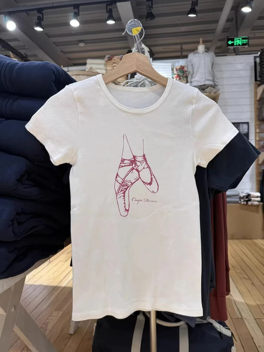 Ballet Shoes Print Slim T-shirt Woman Spring Chic Round Neck Short Sleeve Tee Shirt Sweet Cute Preppy Style Cotton Tshirts Y2k