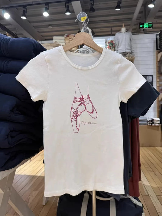 Ballet Shoes Print Slim T-shirt Woman Spring Chic Round Neck Short Sleeve Tee Shirt Sweet Cute Preppy Style Cotton Tshirts Y2k