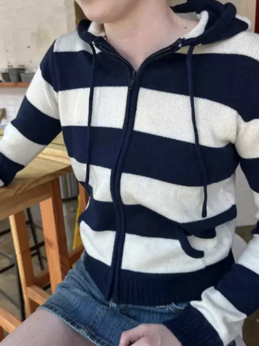 Striped Pockets Knitted Hooded Sweater Women Autumn Fashion Cotton Retro Crop Pullover Tops Vintage Chic Sweet Cardigan Jumper