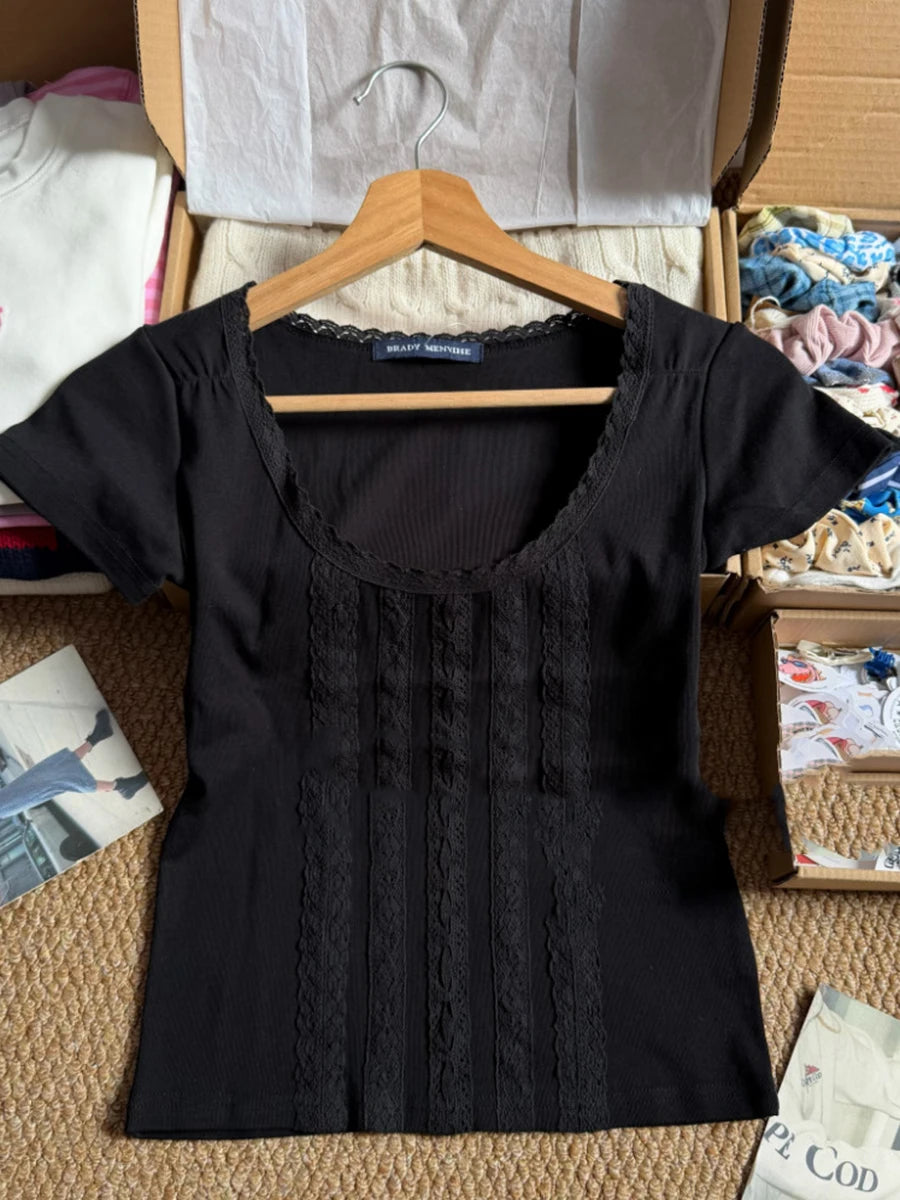 Black Lace Trim Tshirt Women Summer Simple Cotton Slim Crew Neck Short Sleeve Cropped Tees Vintage Streetwear Chic T-shirts Y2K