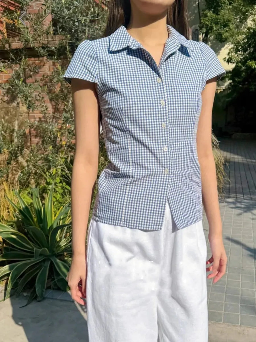 Blue Plaid  Lapel Blouse Women Summer Casual Preppy Style Buttons Short Sleeve Tees Sweet Vintage Cute T-shirts Y2K Tops New