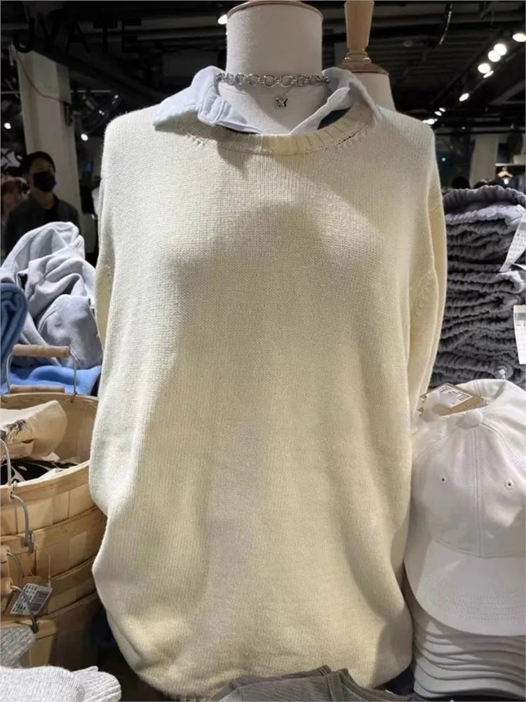 Sweet Solid O-neck Buttons Sweaters Women Autumn Cotton Knitted Simple Basic Pullover Top Female Vintage Casual Chic Jumper Y2K