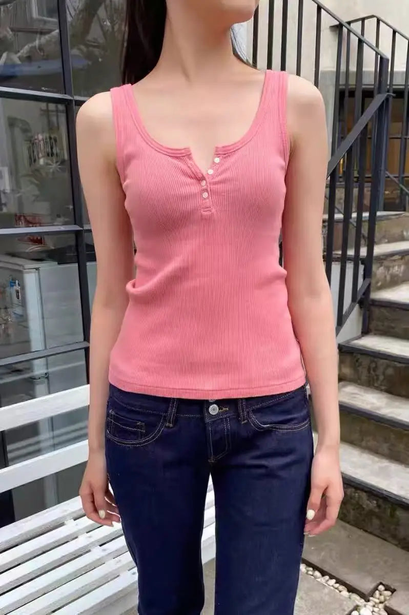Ribbed Slim Tank Tops Woman Summer Solid Simple Cotton Three Buttons Sleeveless Top Female Casual Vintage Streetwear Y2k Vest