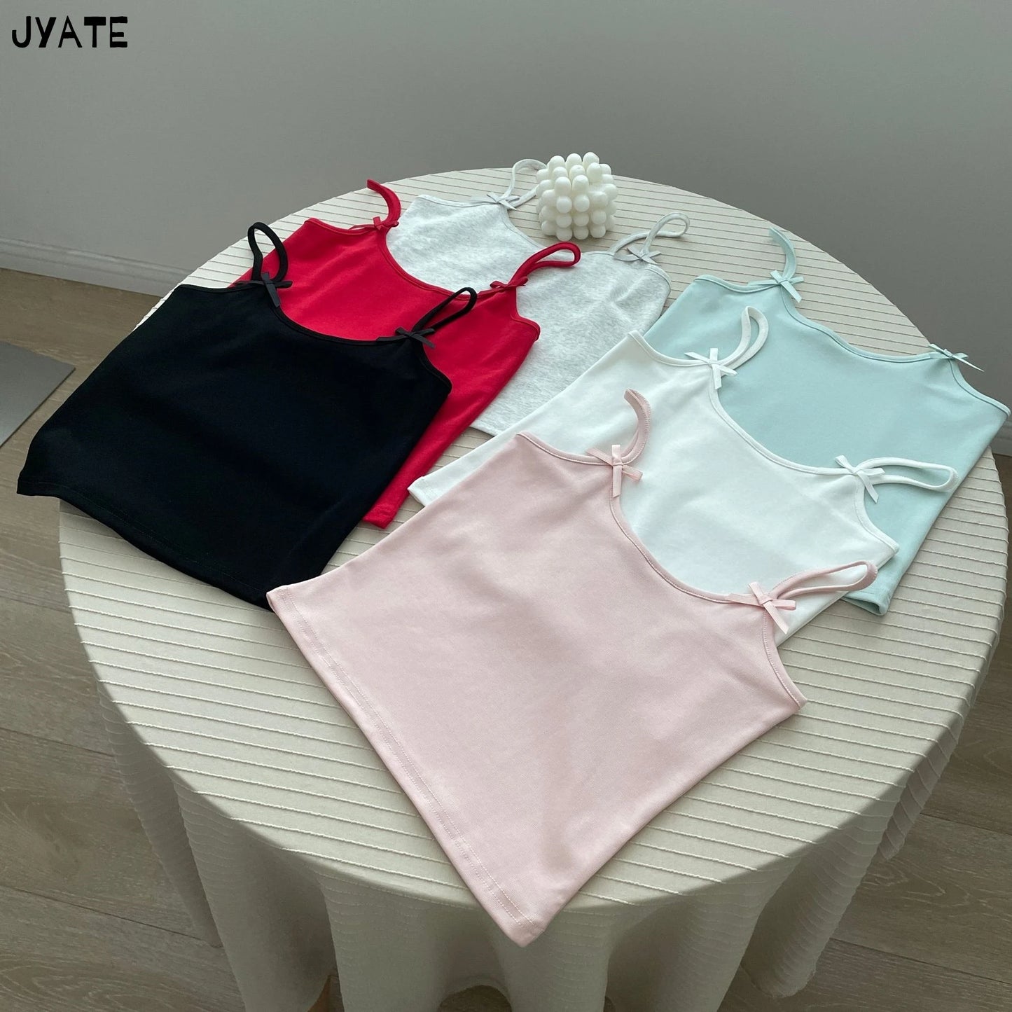 Simple Solid Bow U-neck Tank Tops Women Summer New Cotton Soft Slim Preppy Style Cropped Vests Vintage Basic Sweet Camisole Y2K