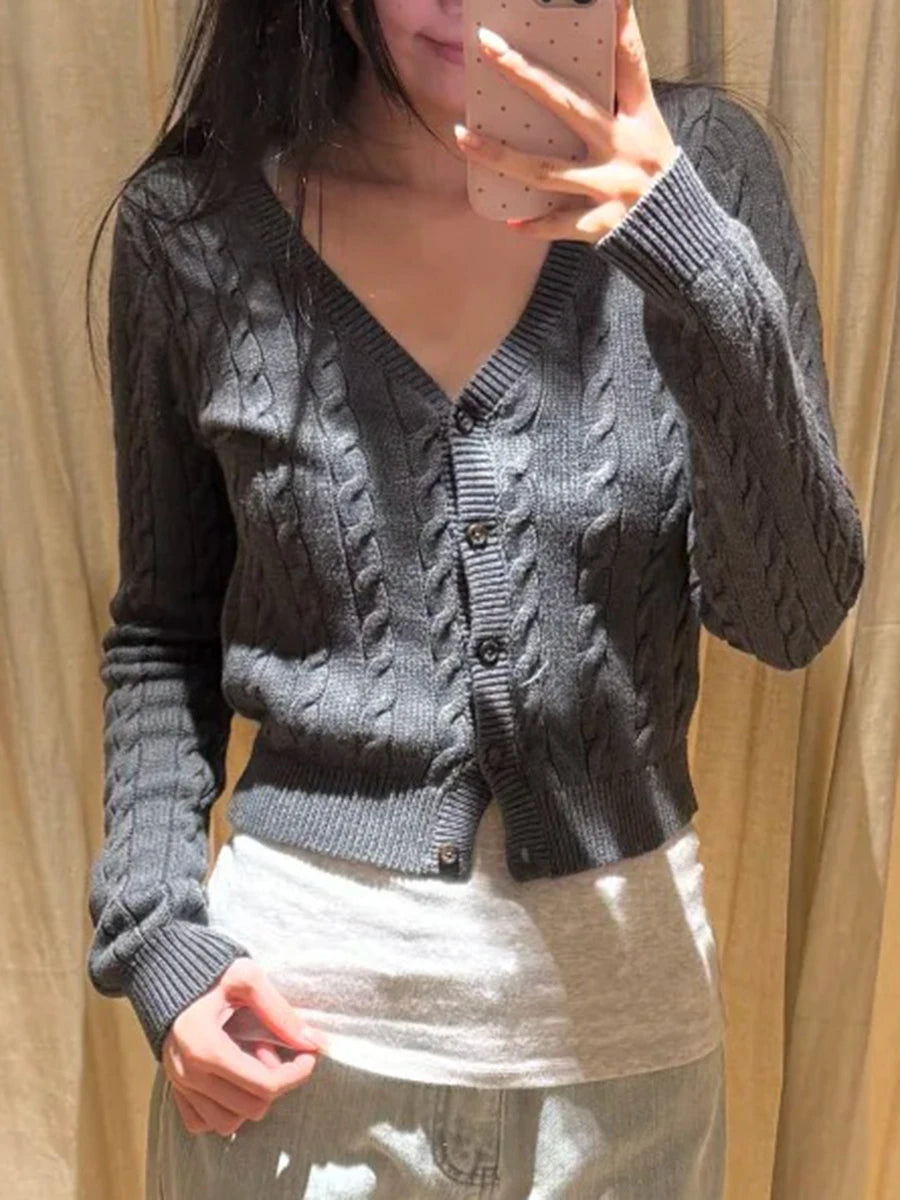 Gray Twist Cardigan Women Spring Streetwear Fashion V-neck Slim Long Sleeve Jumper Tops Vintage Simple Basic Sweaters Coats Y2K