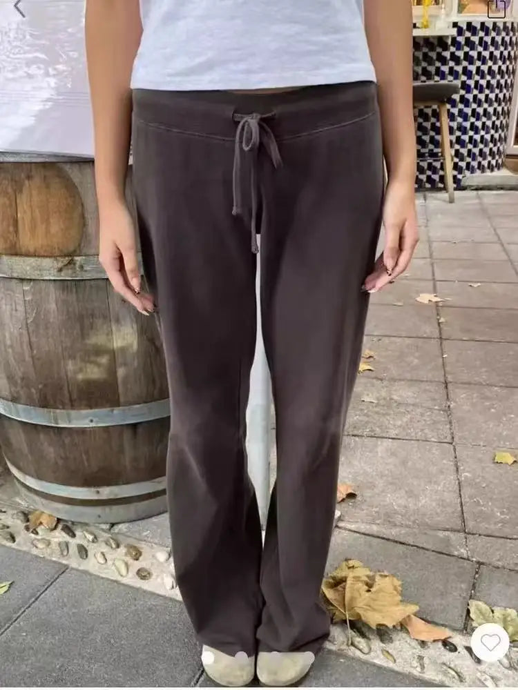Navy Velvet Drawstring Sweatpants Woman Spring Raw Hem Straight Yoga Long Pants Female Vintage Streetwear Cotton Fleece Trousers