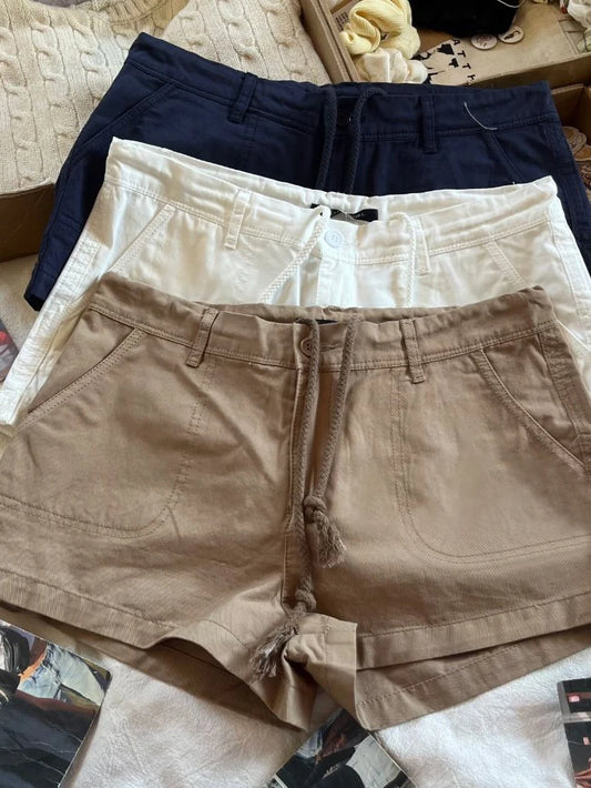 Vintage Back Pockets Short Cargo Shorts Woman Summer Solid Cotton Low Waist Straigth Short Pant Female Streetwear Y2k Pants New