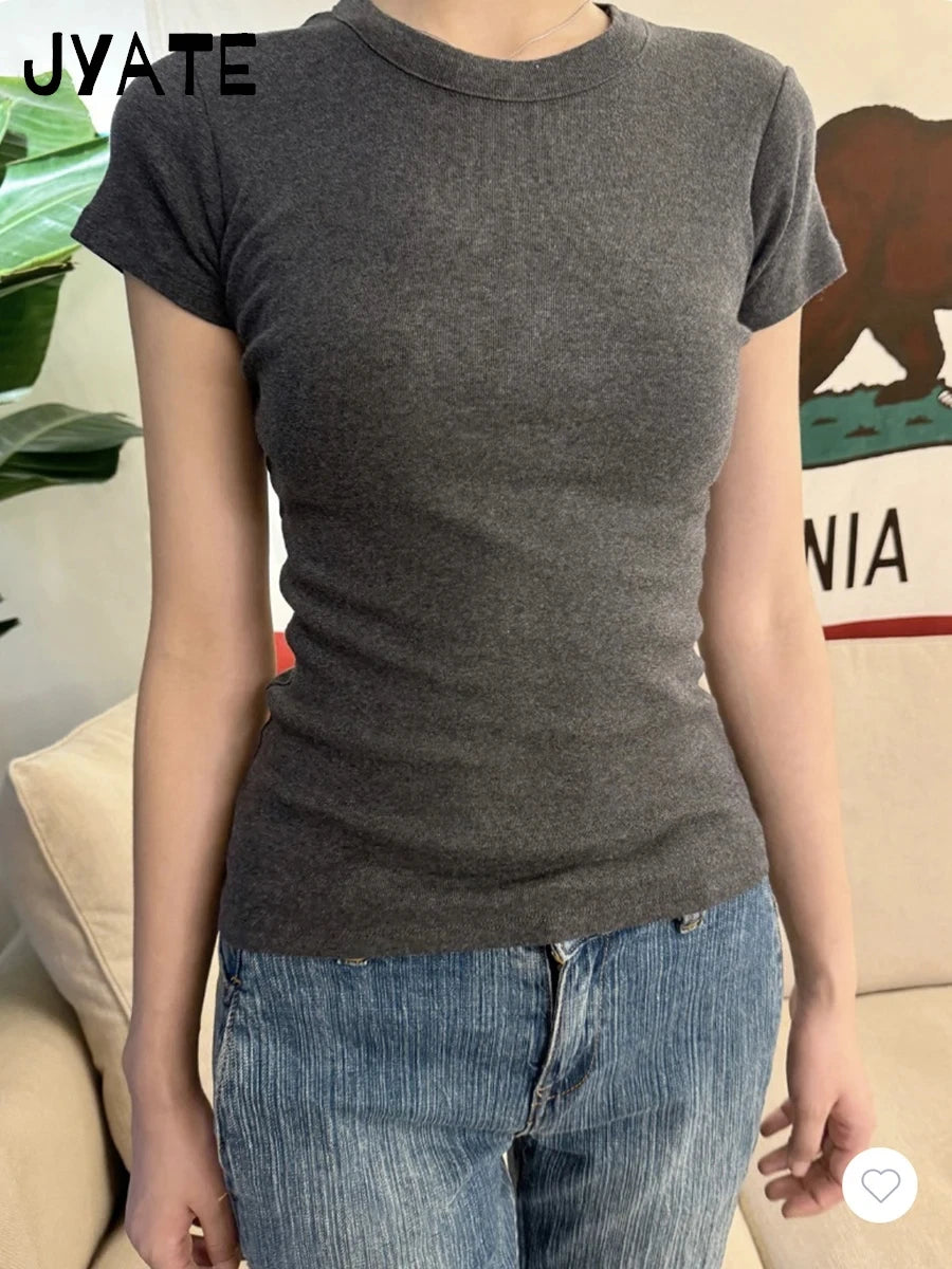Basic Gray Cotton Soft T-shirts Women Summer New Casual Slim Simple O-neck Short Sleeve Tees Sweet Chic Preppy Style Tops Y2K