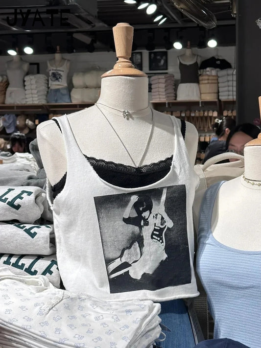 Fashion Guitar Print Raw Hem Cropped Vests Women New Cotton Casual Preppy Style Sleeveless Crop Top Vintage Chic Sweet Tank Tops