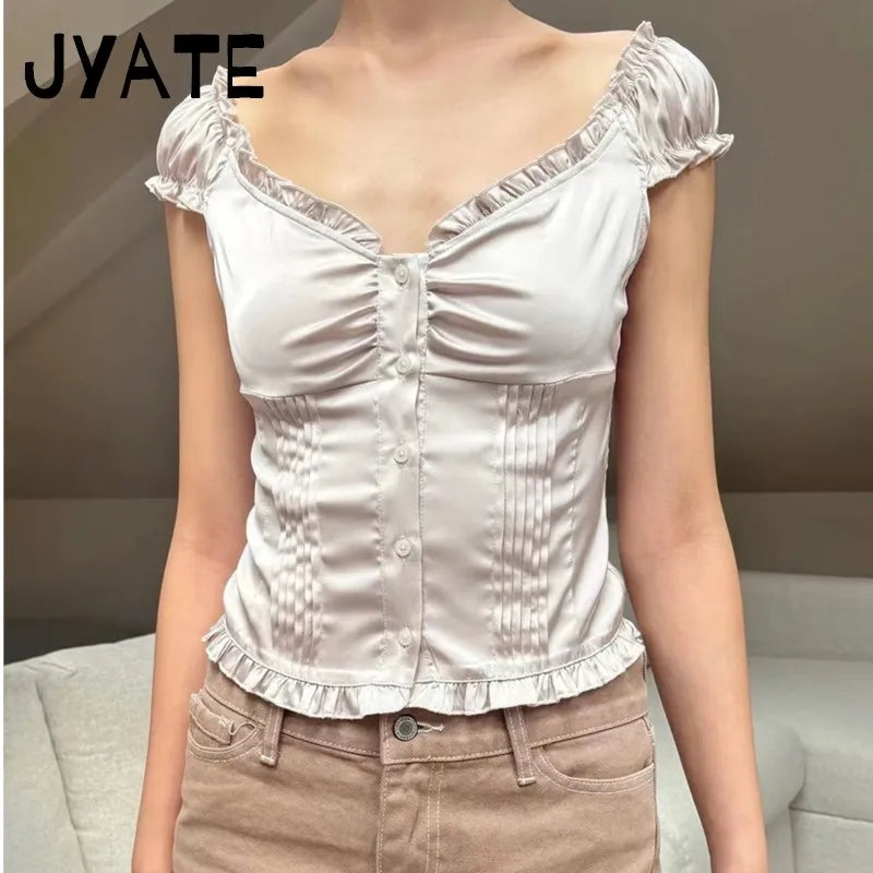 Elegant Pink Ruffle Satin Slim T-Shirt Blouse Women Summer Sexy V Neck Cotton Puff Sleeve Tees Sweet Girls Buttons Crop Top Y2K