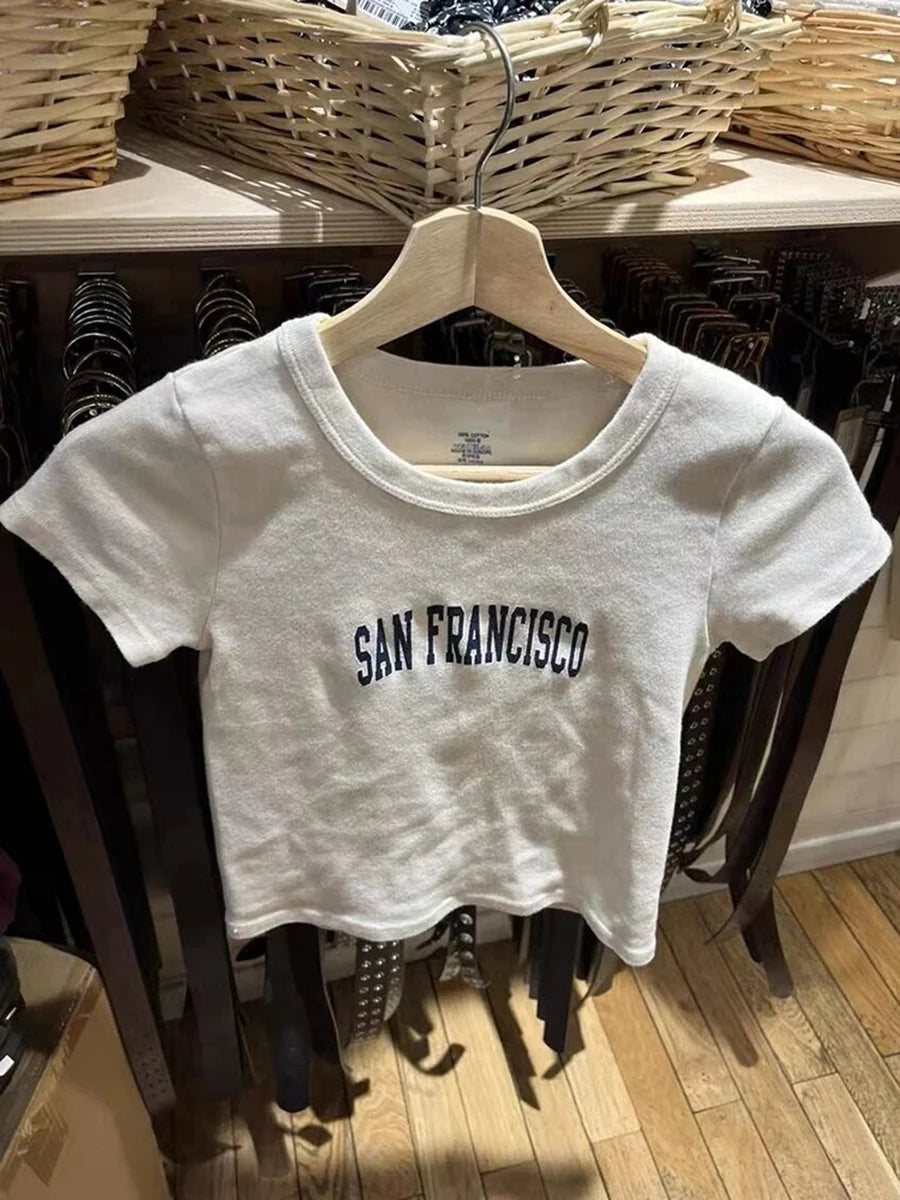 Classic Letter Print T-shirts Women Summer Cotton Soft Slim O-neck Short Sleeve Tees Female Vintage Streetwear Sweet Crop Tops