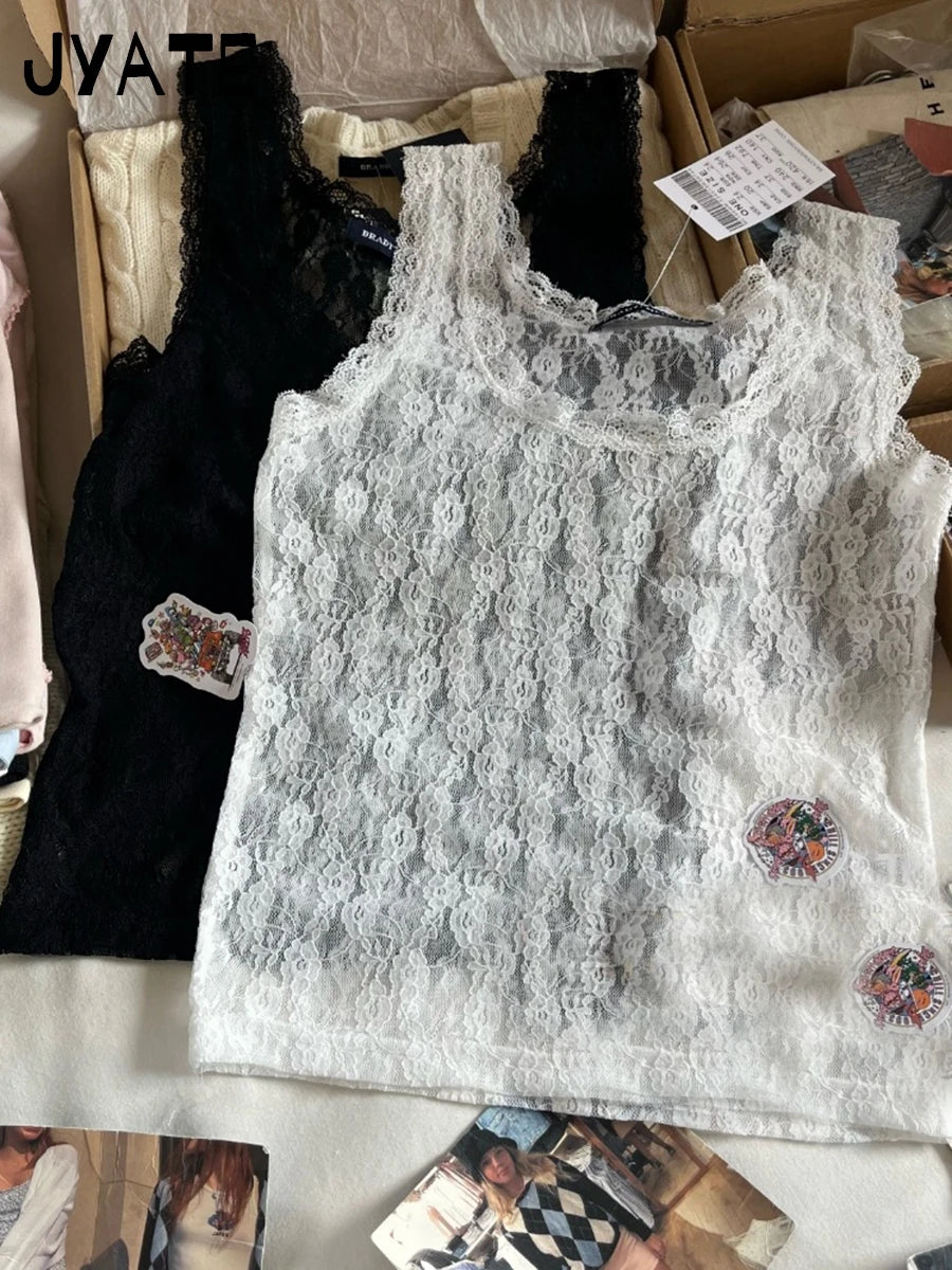 Sexy Solid U-neck Lace See Through Tank Tops Women Summer Casual Simple Sleeveless Vests Female New Vintage Sweet Crop Tops Y2K