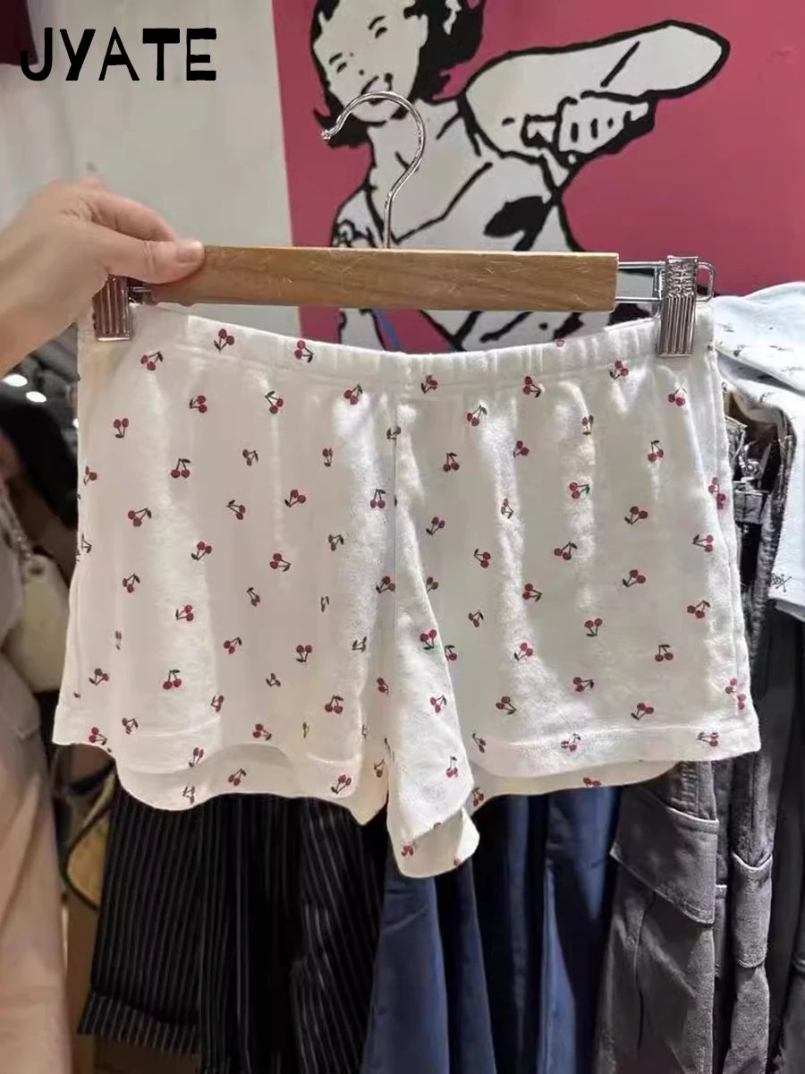 Cherry Print Eyelet Straight Home Underwear Women New Cotton Soft Elastic Waist Pajama Short Pants Sweet Cute Preppy Shorts Y2K
