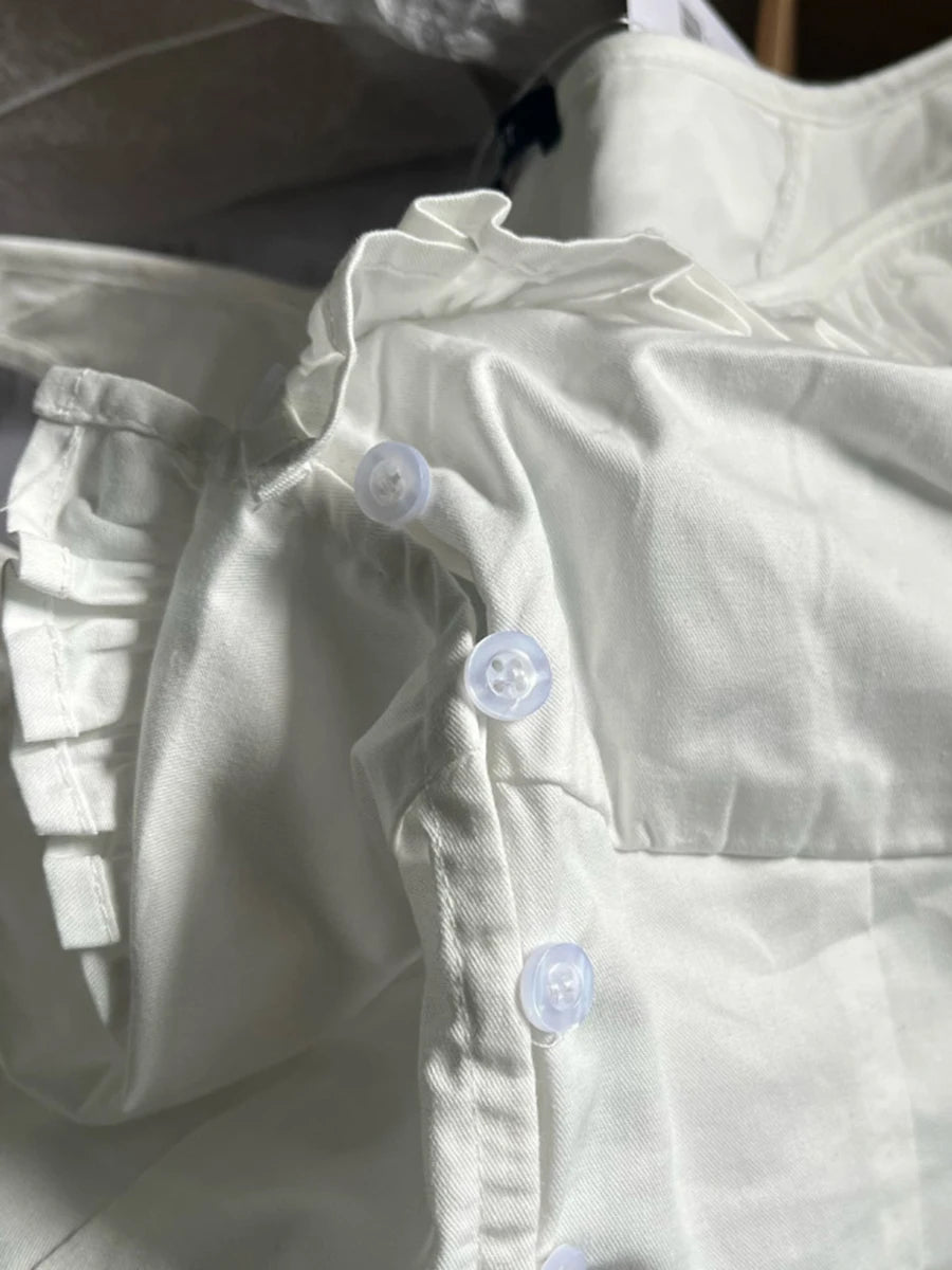 Sweet White Ruffles Buttons Crop Tops Women Summer Cotton Scoop Neck Preppy Short Sleeve Tee Vintage Chic Slim Cute T-shirts Y2K