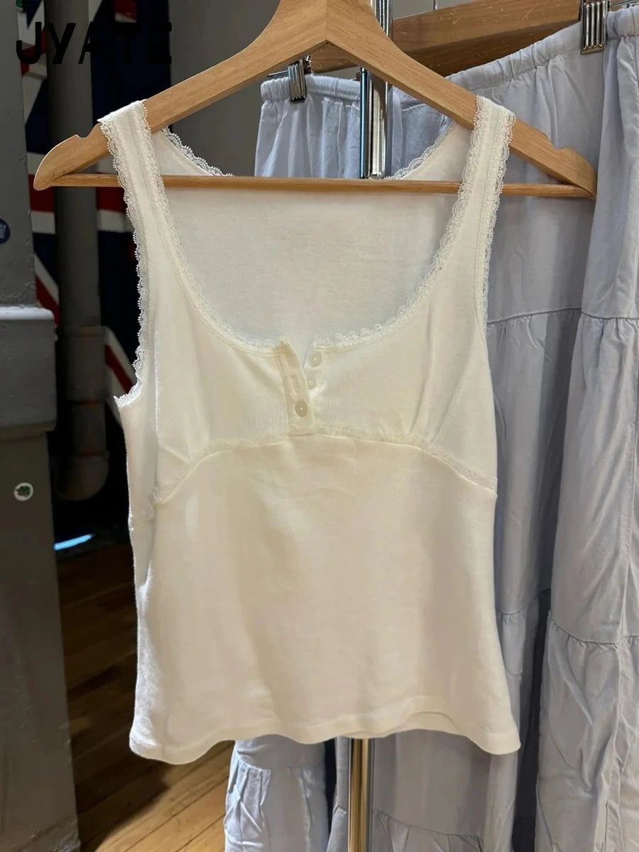 New White Lace Trim Slim Tank Tops Women Casual Cotton U-neck Buttons Sleeveless Cardigan Vests Sweet Preppy Style Cute Camisole