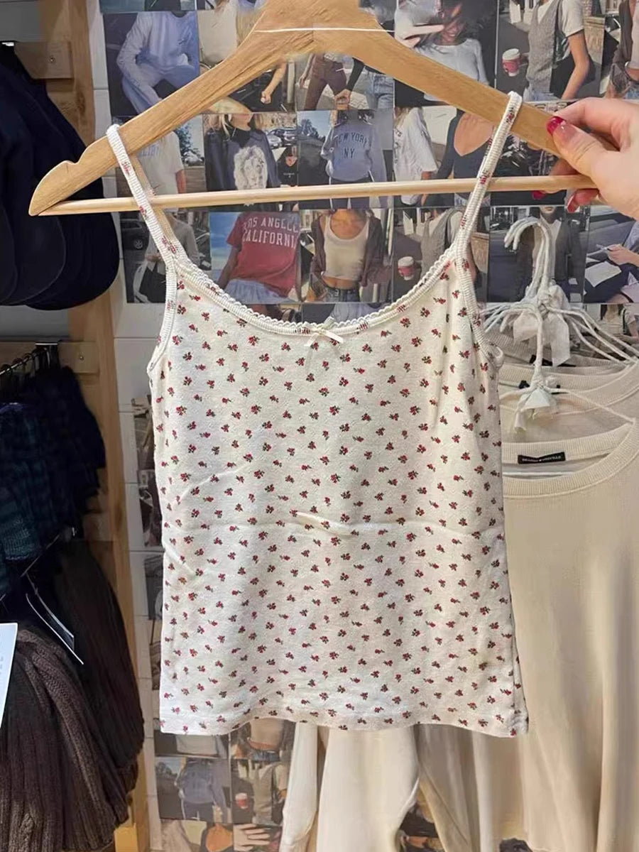 Red Floral Fungus Tank Shorts Pajama Sets Women Summer V-neck Slim Camisole+eyelet Sweatshorts Sweet Cotton Home 2 Piece Outfit