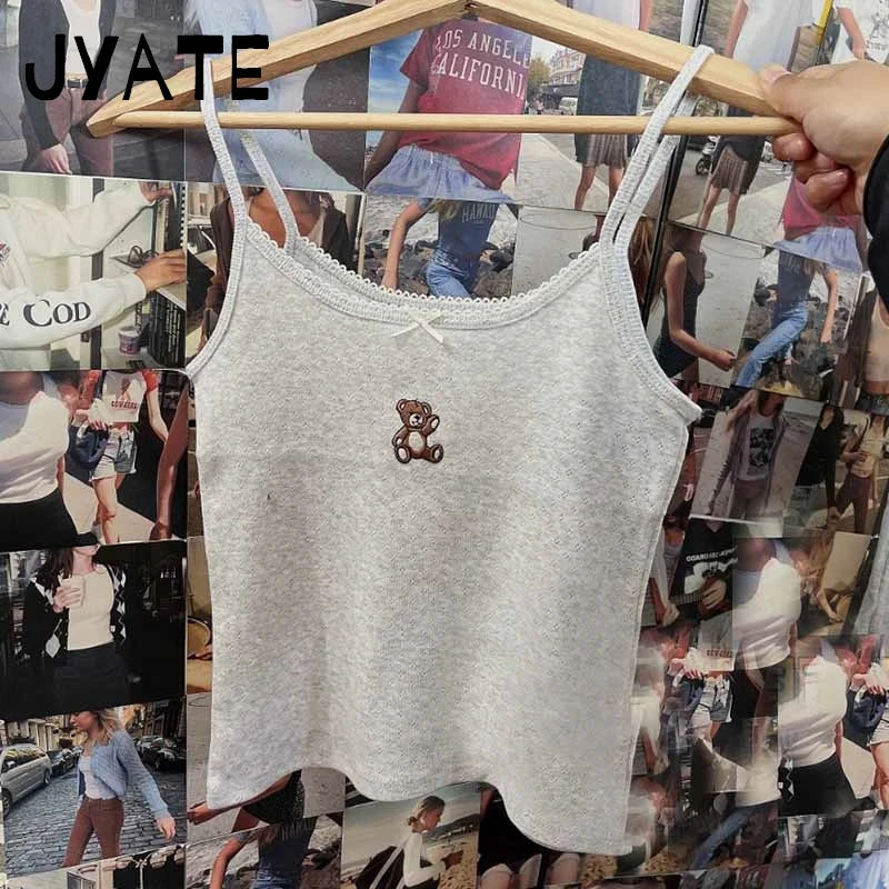 Fashion Little Deer Embroidery Tank Tops Women Summer New Cotton Slim U-neck Slim Cropped Vests Sweet Chic Casual Camisole Y2K