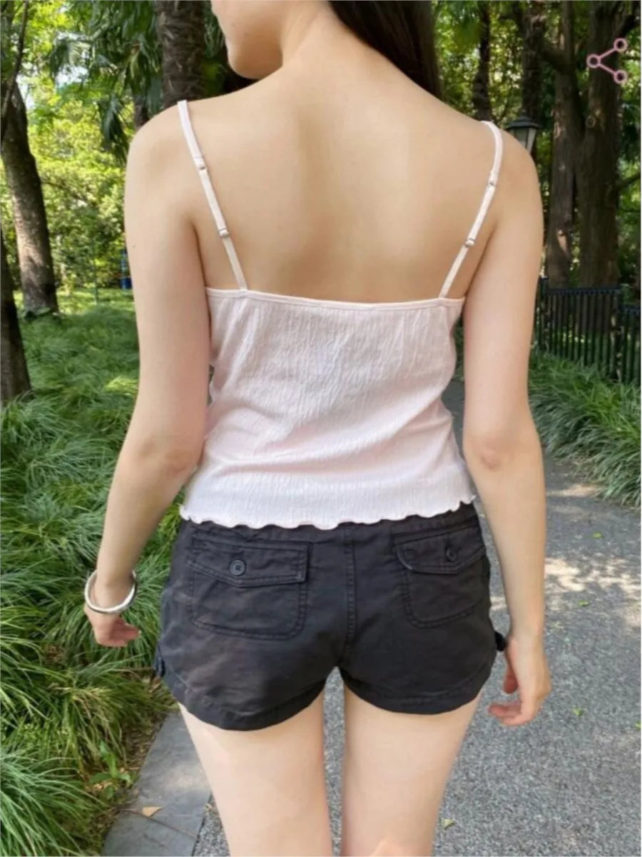 Sweet Pink Folds V-neck Tank Tops Women Summer New Casual Slim Lace-up Sleeveless Vests Cute Preppy Style Simple Camisole