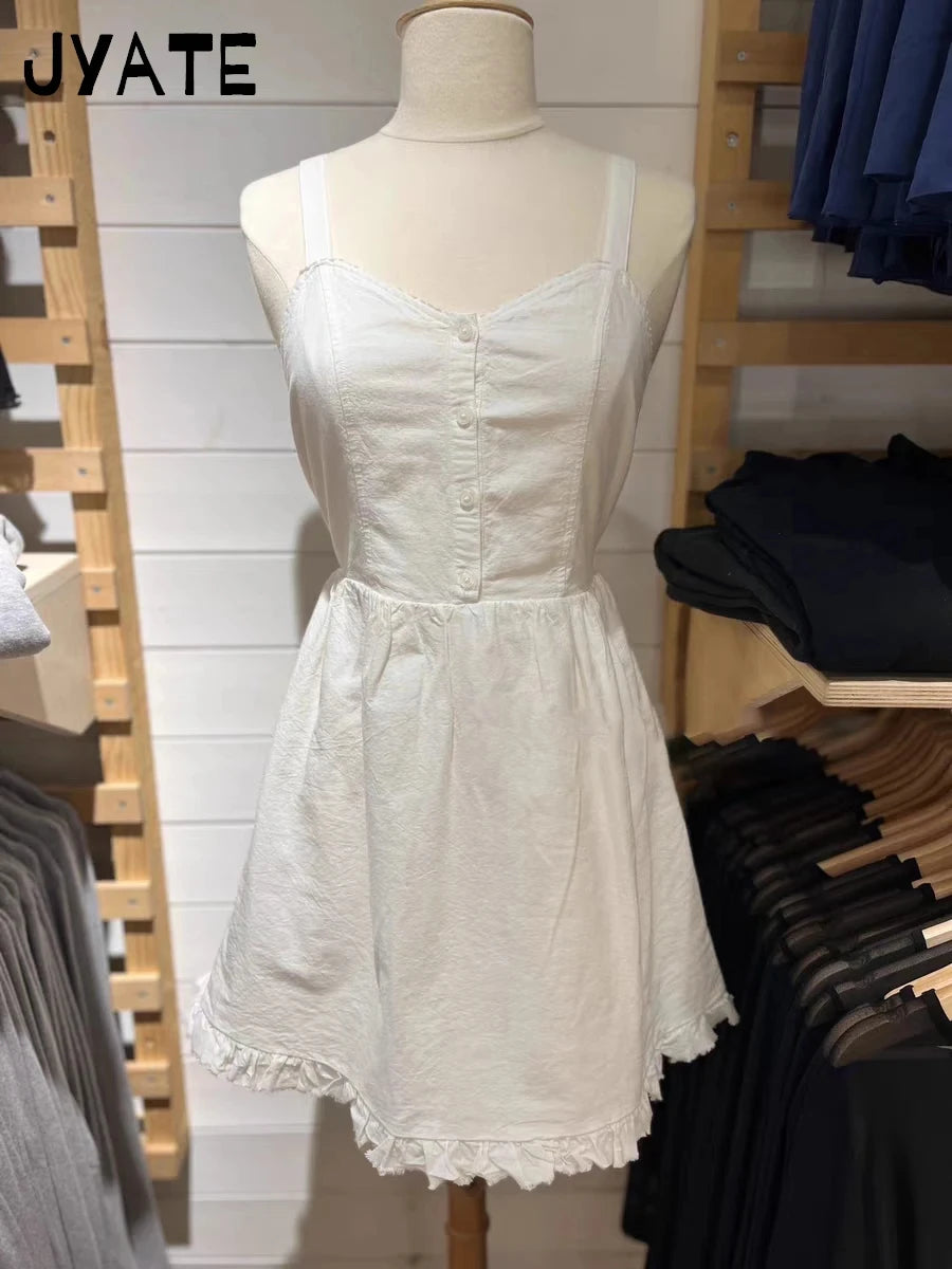 Sweet White Folds Texture Camisole Dress Women Cotton High Quality A-line Vestidos Summer Vintage Chic Slim Y2K Mini Dresses New