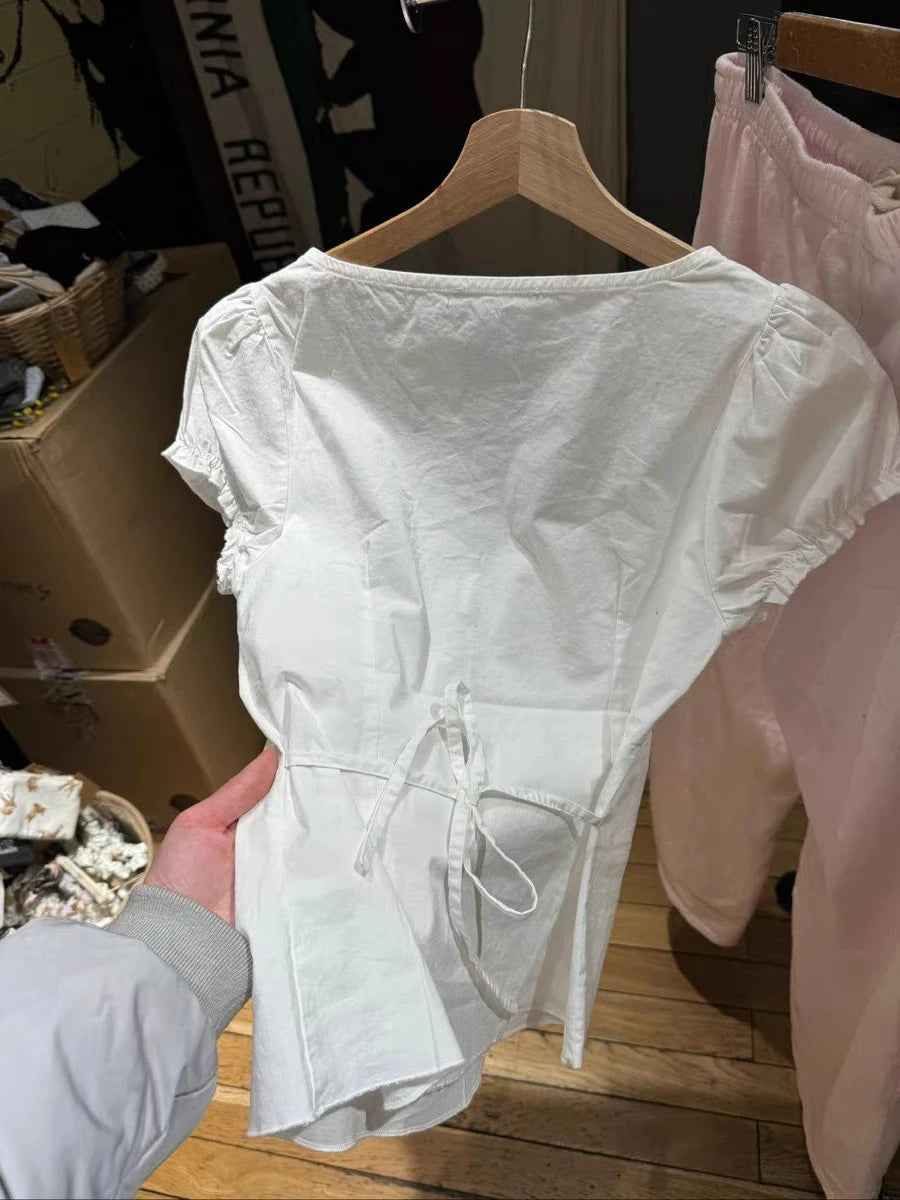 White Lace Trim Short Puff Sleeve Tees Women Summer Cotton Back Lace-up Square Collar T-shirt Blouse Sweet Cute Casual Crop Top