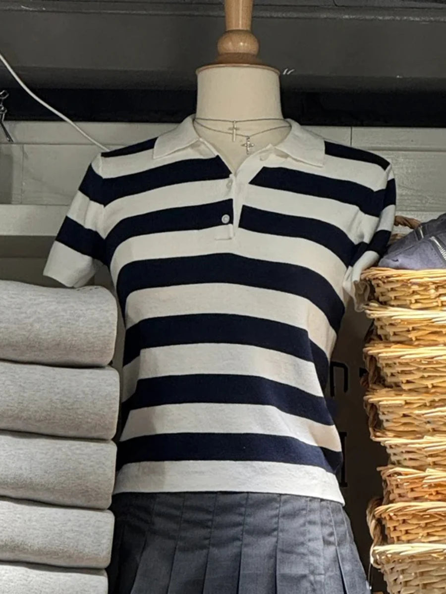 Striped Knitted Slim T-shirt Women Buttons Cotton Turn-down Collar Short Sleeve Tees Vintage Sweet Preppy Style Crop Tops Y2K